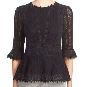 Rebecca Taylor Women's Guipure Lace Peplum Top Bell Sleeve Black Size 12